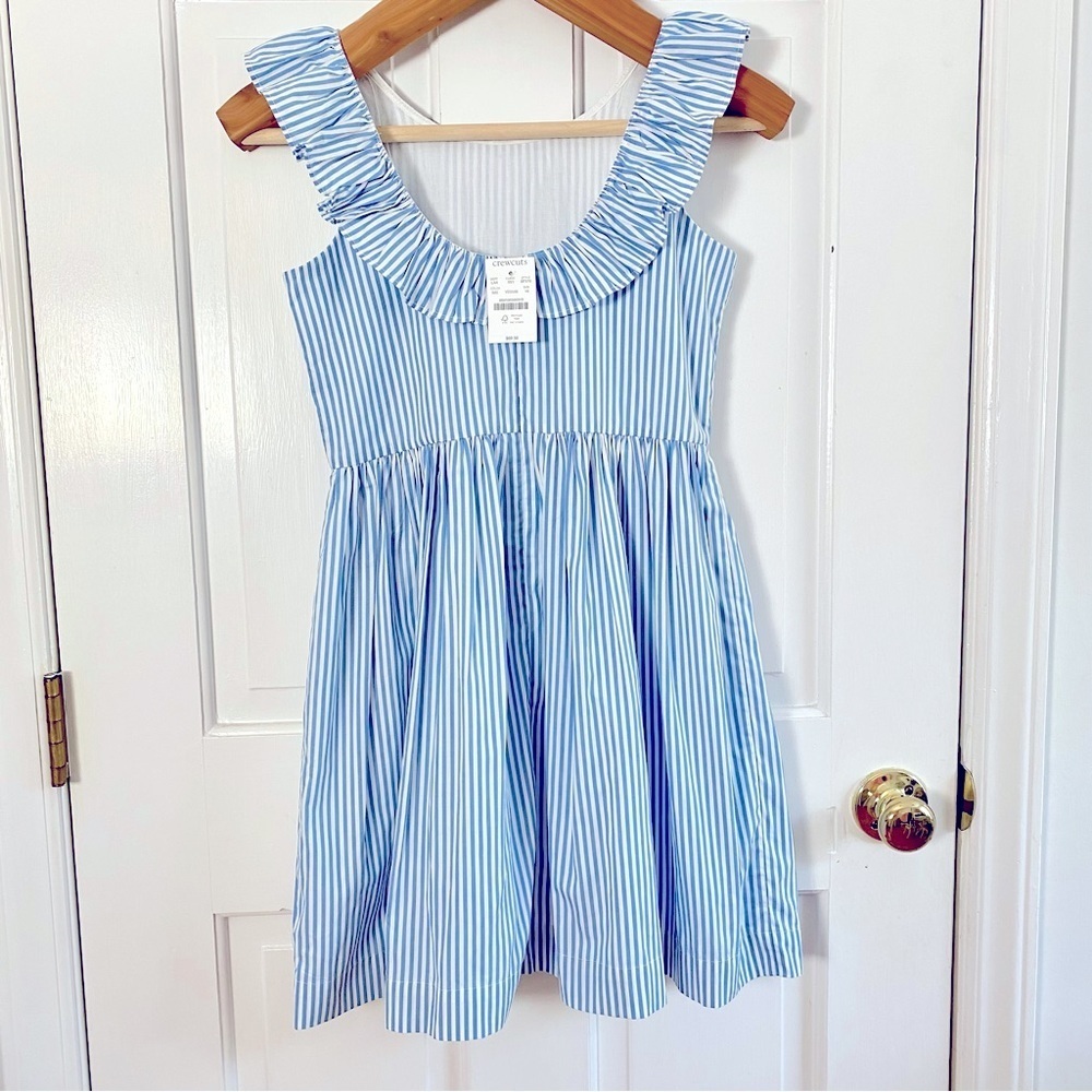 J. Crew Crewcuts Girl's Blue White Stripe Cotton Sleeveless Ruffle Dress Size 10 - Picture 2 of 12